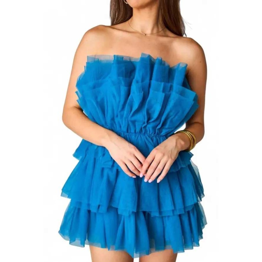 NWT BuddyLove Powder Puff Strapless Tulle Mini Dress Blue Tiered Ruffle L